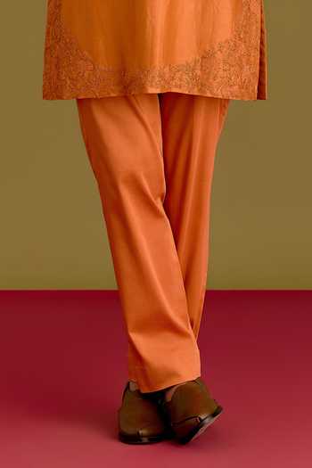 Devnaagri_Orange Silk, Cotton, Chanderi, Lycra Placed Embroidered Straight Kurta Set _at_Aza_Fashions