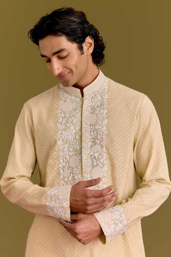 Devnaagri_Beige Silk, Chanderi, Lycra, Cotton Floral Embroidered Kurta Set _Online_at_Aza_Fashions