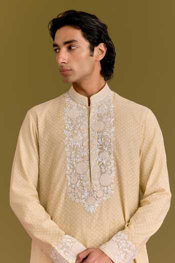 Buy_Devnaagri_Beige Silk, Chanderi, Lycra, Cotton Floral Embroidered Kurta Set _Online_at_Aza_Fashions