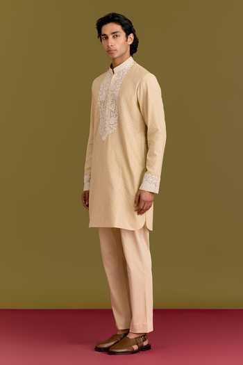 Devnaagri_Beige Silk, Chanderi, Lycra, Cotton Floral Embroidered Kurta Set _at_Aza_Fashions