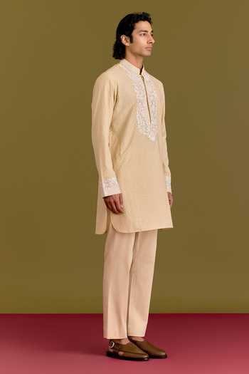 Buy_Devnaagri_Beige Silk, Chanderi, Lycra, Cotton Floral Embroidered Kurta Set 