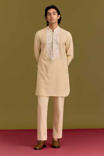 Shop_Devnaagri_Beige Silk, Chanderi, Lycra, Cotton Floral Embroidered Kurta Set 