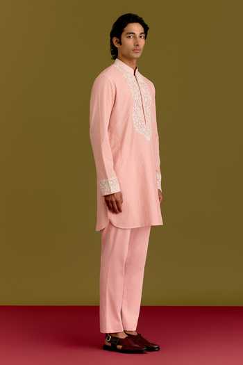 Devnaagri_Pink Silk, Chanderi, Cotton, Lycra Floral Embroidered Straight Kurta Set _Online_at_Aza_Fashions