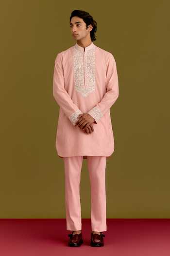 Shop_Devnaagri_Pink Silk, Chanderi, Cotton, Lycra Floral Embroidered Straight Kurta Set _Online_at_Aza_Fashions