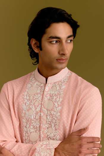 Devnaagri_Pink Silk, Chanderi, Cotton, Lycra Floral Embroidered Straight Kurta Set _at_Aza_Fashions
