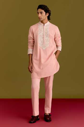 Buy_Devnaagri_Pink Silk, Chanderi, Cotton, Lycra Floral Embroidered Straight Kurta Set 