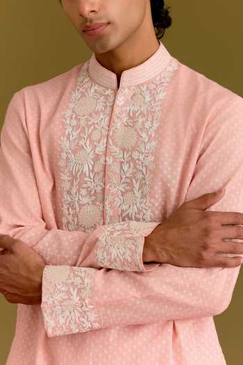 Shop_Devnaagri_Pink Silk, Chanderi, Cotton, Lycra Floral Embroidered Straight Kurta Set 