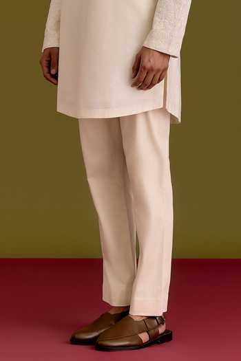 Devnaagri_Ivory Silk, Cotton, Lycra Placed Tonal Embroidered Kurta Set _Online_at_Aza_Fashions