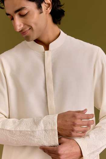 Buy_Devnaagri_Ivory Silk, Cotton, Lycra Placed Tonal Embroidered Kurta Set _Online_at_Aza_Fashions