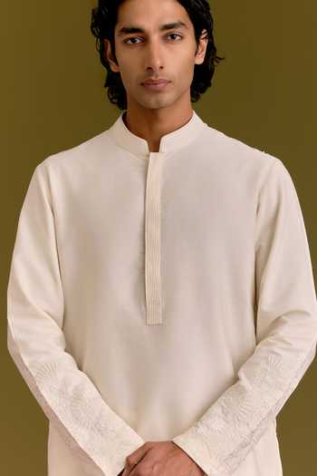 Shop_Devnaagri_Ivory Silk, Cotton, Lycra Placed Tonal Embroidered Kurta Set _Online_at_Aza_Fashions