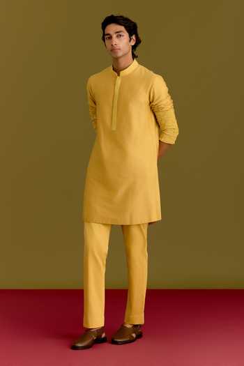 Devnaagri_Mustard Silk, Cotton, Lycra Tonal Embroidered Kurta Set _Online_at_Aza_Fashions