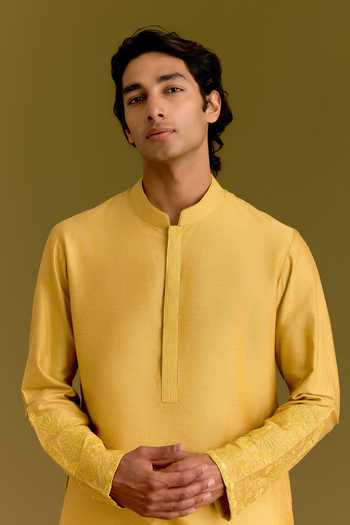 Buy_Devnaagri_Mustard Silk, Cotton, Lycra Tonal Embroidered Kurta Set _Online_at_Aza_Fashions