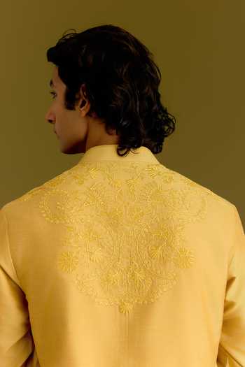 Shop_Devnaagri_Mustard Silk, Cotton, Lycra Tonal Embroidered Kurta Set _Online_at_Aza_Fashions