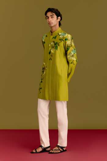 Devnaagri_Olive Green Silk, Chanderi, Cotton, Lycra Hand Painted Kurta Set _Online_at_Aza_Fashions