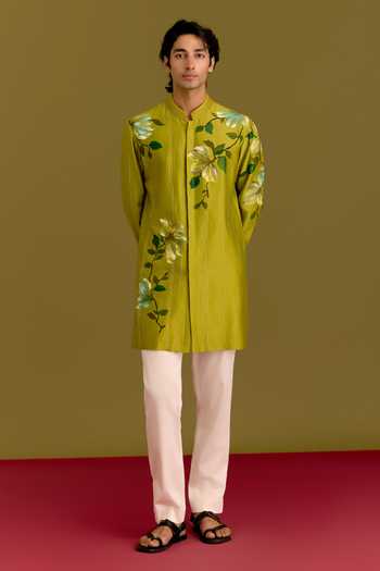 Buy_Devnaagri_Olive Green Silk, Chanderi, Cotton, Lycra Hand Painted Kurta Set _Online_at_Aza_Fashions