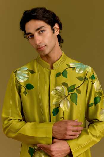 Shop_Devnaagri_Olive Green Silk, Chanderi, Cotton, Lycra Hand Painted Kurta Set _Online_at_Aza_Fashions