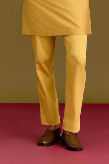 Devnaagri_Mustard Silk, Cotton, Lycra Dori Embroidered Kurta Set _Online_at_Aza_Fashions