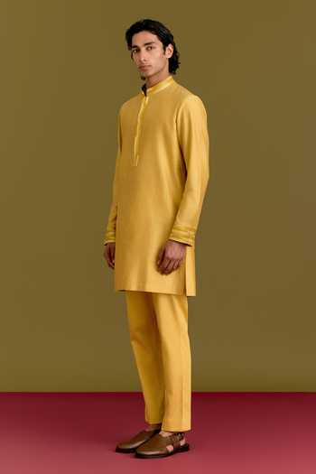 Buy_Devnaagri_Mustard Silk, Cotton, Lycra Dori Embroidered Kurta Set _Online_at_Aza_Fashions
