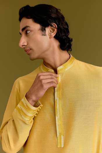 Shop_Devnaagri_Mustard Silk, Cotton, Lycra Dori Embroidered Kurta Set _Online_at_Aza_Fashions