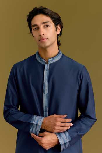 Buy_Devnaagri_Blue Silk, Cotton, Lycra Embroidered Kurta Set _Online_at_Aza_Fashions