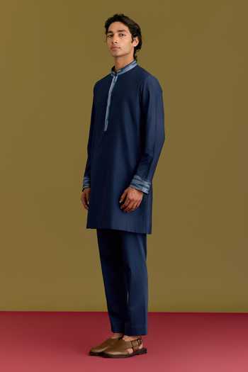 Shop_Devnaagri_Blue Silk, Cotton, Lycra Embroidered Kurta Set _Online_at_Aza_Fashions