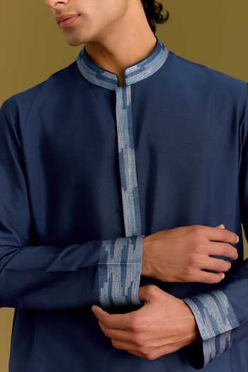 Devnaagri_Blue Silk, Cotton, Lycra Embroidered Kurta Set _at_Aza_Fashions