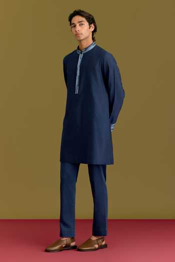 Buy_Devnaagri_Blue Silk, Cotton, Lycra Embroidered Kurta Set 
