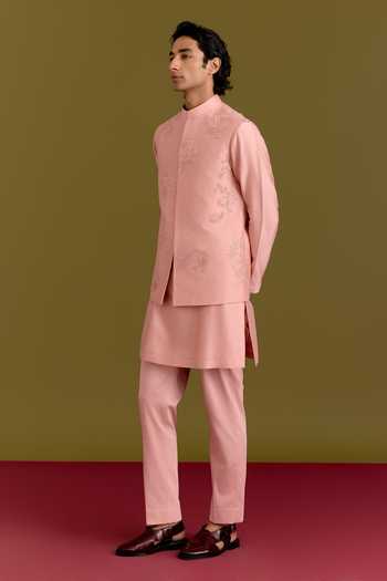 Devnaagri_Pink Silk, Cotton, Chanderi, Satin, Linen, Floral Bloom Pattern Bundi Kurta Set _Online_at_Aza_Fashions