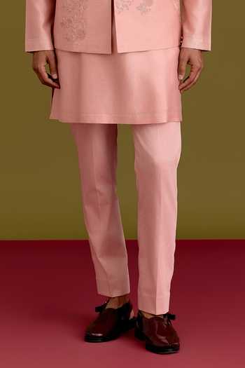 Buy_Devnaagri_Pink Silk, Cotton, Chanderi, Satin, Linen, Floral Bloom Pattern Bundi Kurta Set _Online_at_Aza_Fashions