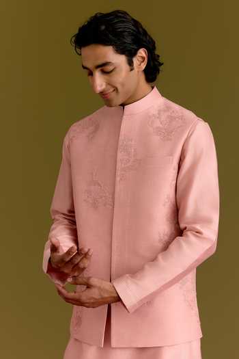 Shop_Devnaagri_Pink Silk, Cotton, Chanderi, Satin, Linen, Floral Bloom Pattern Bundi Kurta Set _Online_at_Aza_Fashions