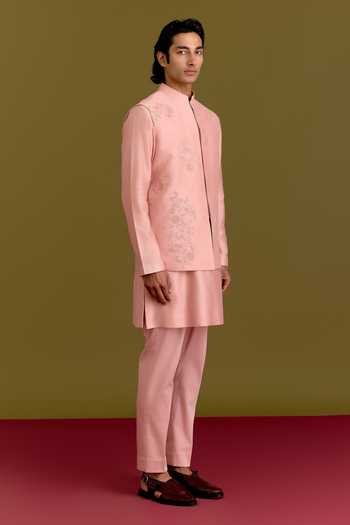 Devnaagri_Pink Silk, Cotton, Chanderi, Satin, Linen, Floral Bloom Pattern Bundi Kurta Set _at_Aza_Fashions