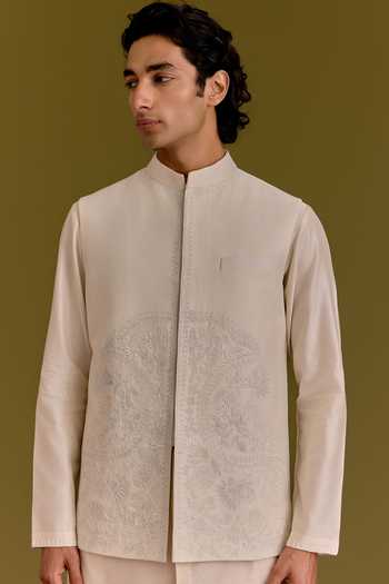 Devnaagri Ivory Silk, Cotton, Chanderi, Satin, Linen Embroidery Dori Bundi Kurta Set Online at Aza Fashions Devnaagri_Ivory Silk, Cotton, Chanderi, Satin, Linen Embroidery Dori Bundi Kurta Set _Online_at_Aza_Fashions