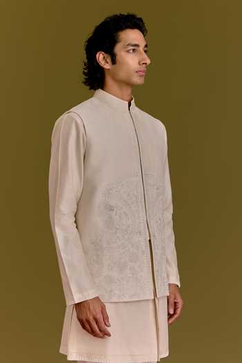 Devnaagri Ivory Silk, Cotton, Chanderi, Satin, Linen Embroidery Dori Bundi Kurta Set at Aza Fashions Devnaagri_Ivory Silk, Cotton, Chanderi, Satin, Linen Embroidery Dori Bundi Kurta Set _at_Aza_Fashions