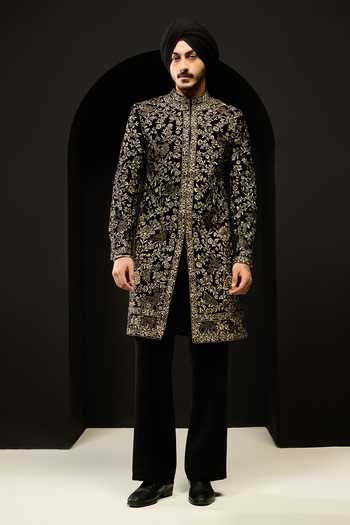Shop_Sarab Khanijou_Black Velvet Embroidery, Sequins, Pearls, Zari, Cut Sherwani Jacket And Pant Set _Online_at_Aza_Fashions