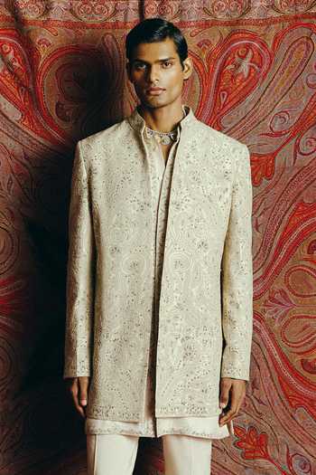 Buy_Dolly J_Ivory Silk, Cotton Embroidery, Sequins Ecru Reverie Sherwani Set _Online_at_Aza_Fashions