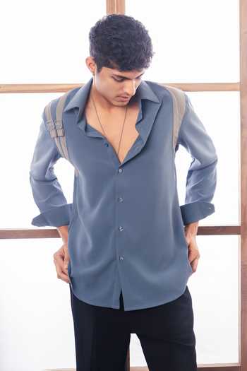 Buy Rohit Doshi Blue Crepe Armour Petrol Shoulder Strap Shirt at Aza Fashions Buy_Rohit Doshi_Blue Crepe Armour Petrol Shoulder Strap Shirt _at_Aza_Fashions