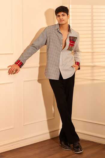 Shop_Rohit Doshi_Black Cotton All Mix Roll Checks And Striped Shirt _Online_at_Aza_Fashions