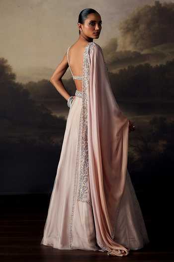 Ohaila Khan_Brown Tulle, Chiffon Sequins, Crystals, Beads, Embroidery, Blouse Lehenga Set _Online_at_Aza_Fashions