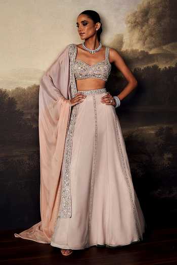 Ohaila Khan_Brown Tulle, Chiffon Sequins, Crystals, Beads, Embroidery, Blouse Lehenga Set _at_Aza_Fashions