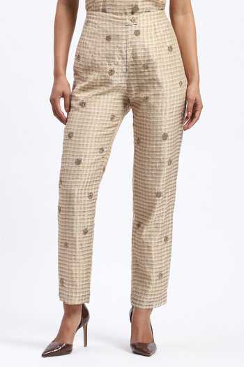 ABRAHAM AND THAKORE Gold Chanderi Embroidery Maheshwar Trouser at Aza Fashions ABRAHAM AND THAKORE_Gold Chanderi Embroidery Maheshwar Trouser _at_Aza_Fashions