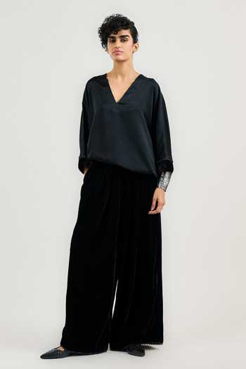 Shop_OTT_Black Silk, Velvet Pleated Palazzo _Online_at_Aza_Fashions
