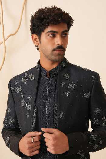Shreyansh Designs_Blue Silk, Dupion Embroidery, Beads Viserion Bandhgala And Kurta Set _Online_at_Aza_Fashions