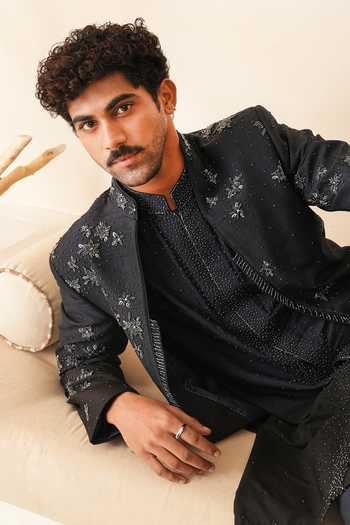 Buy_Shreyansh Designs_Blue Silk, Dupion Embroidery, Beads Viserion Bandhgala And Kurta Set _Online_at_Aza_Fashions