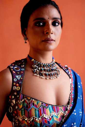 Buy_Karishma Khanduja Bareilly_Blue Crepe Mirrors, Sequins, Embroidery Scoop Neck Resham Blouse 