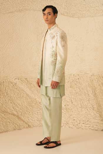 Shop Shreyansh Designs Green Silk, Dupion Aeris Floral Embroidered Jacket And Kurta Set Online at Aza Fashions Shop_Shreyansh Designs_Green Silk, Dupion Aeris Floral Embroidered Jacket And Kurta Set _Online_at_Aza_Fashions