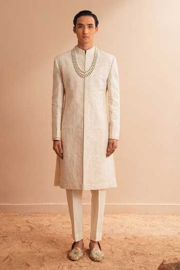 Shreyansh Designs_White Silk, Dupion Ishamel Floral Pearl Embroidered Sherwani Set _Online_at_Aza_Fashions