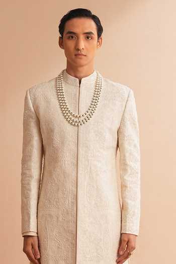 Buy Shreyansh Designs White Silk, Dupion Ishamel Floral Pearl Embroidered Sherwani Set Online at Aza Fashions Buy_Shreyansh Designs_White Silk, Dupion Ishamel Floral Pearl Embroidered Sherwani Set _Online_at_Aza_Fashions