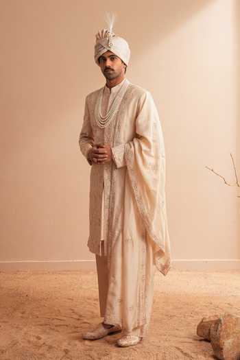 Shop_Shreyansh Designs_Rose Gold Silk, Dupion Azehrain Floral Embroidered Sherwani Set _Online_at_Aza_Fashions