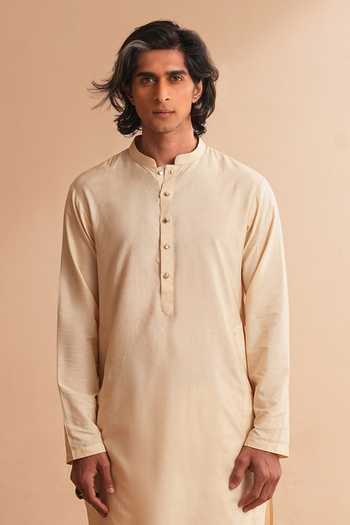 Shreyansh Designs_Beige Silk, Cotton Iver Kurta And Pant Set _Online_at_Aza_Fashions