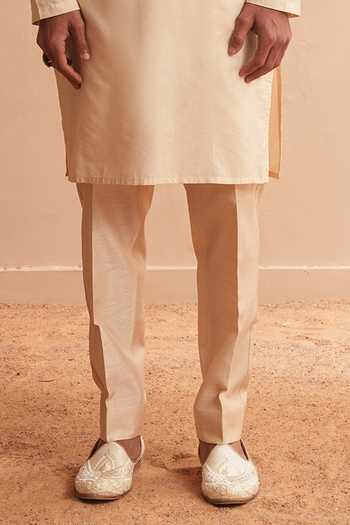 Buy_Shreyansh Designs_Beige Silk, Cotton Iver Kurta And Pant Set _Online_at_Aza_Fashions